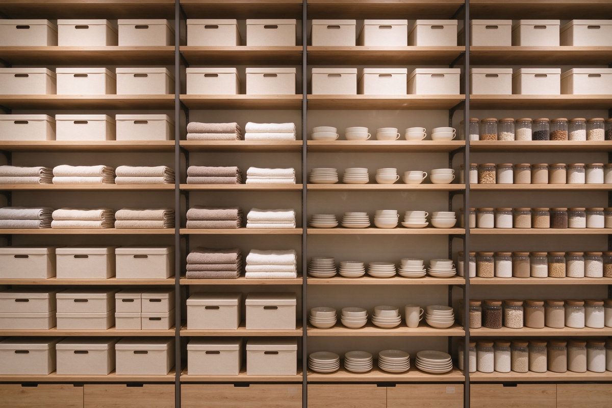 Organized showroom shelves filled with storage boxes, folded textiles, ceramics and glass jars