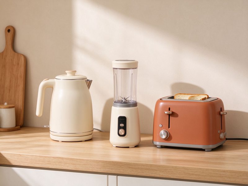 Cream kettle, personal blender and terracotta toaster on a light wood counter