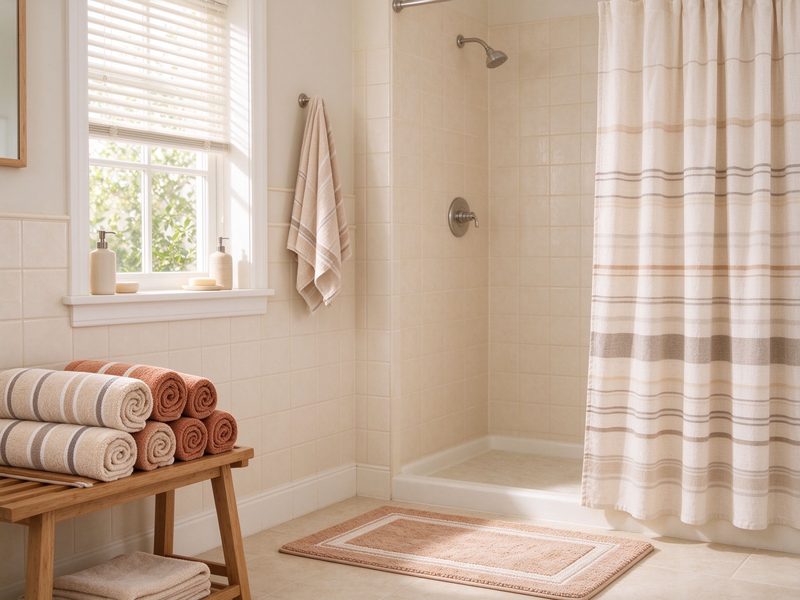 Rolled striped cotton towels and a neutral shower curtain in a warm bathroom