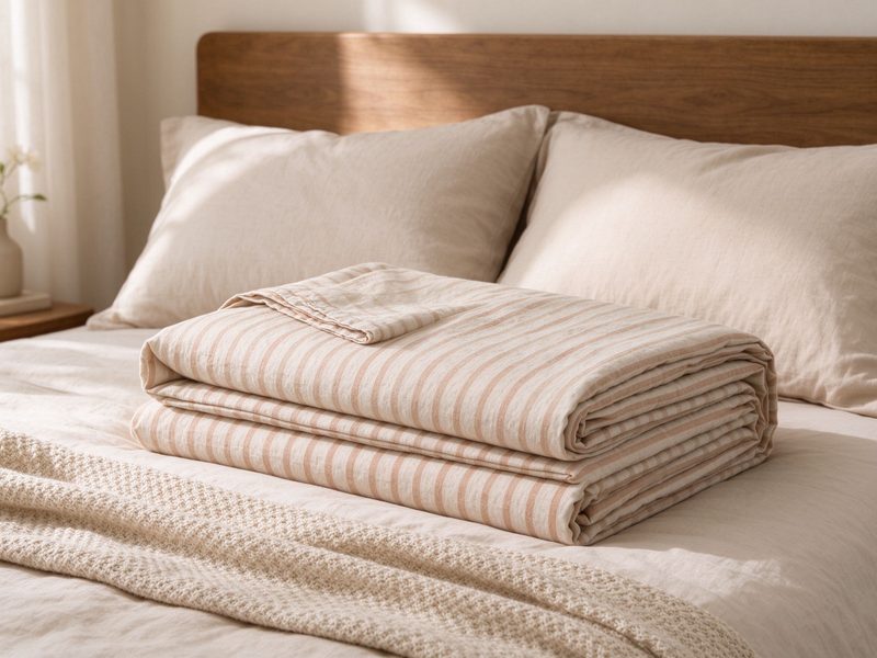 Folded washed-cotton bedding and knit throw on a warmly lit bed