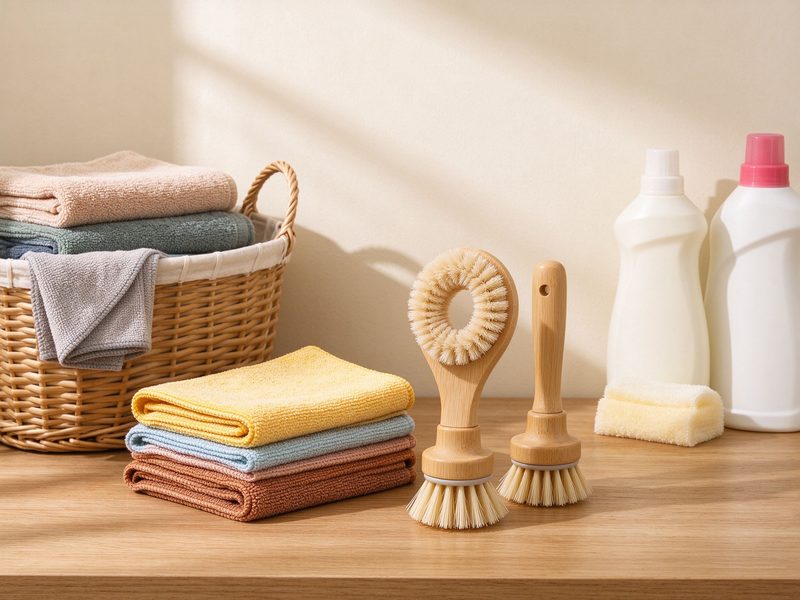 Bamboo brushes, folded microfiber cloths and laundry basket on a wooden counter