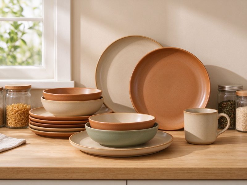 Ceramic plates, bowls and mugs in warm neutral glazes on a wooden counter