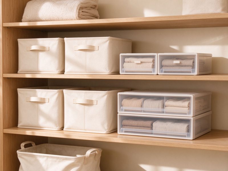 Fabric storage boxes and clear drawer organizers on wooden shelves
