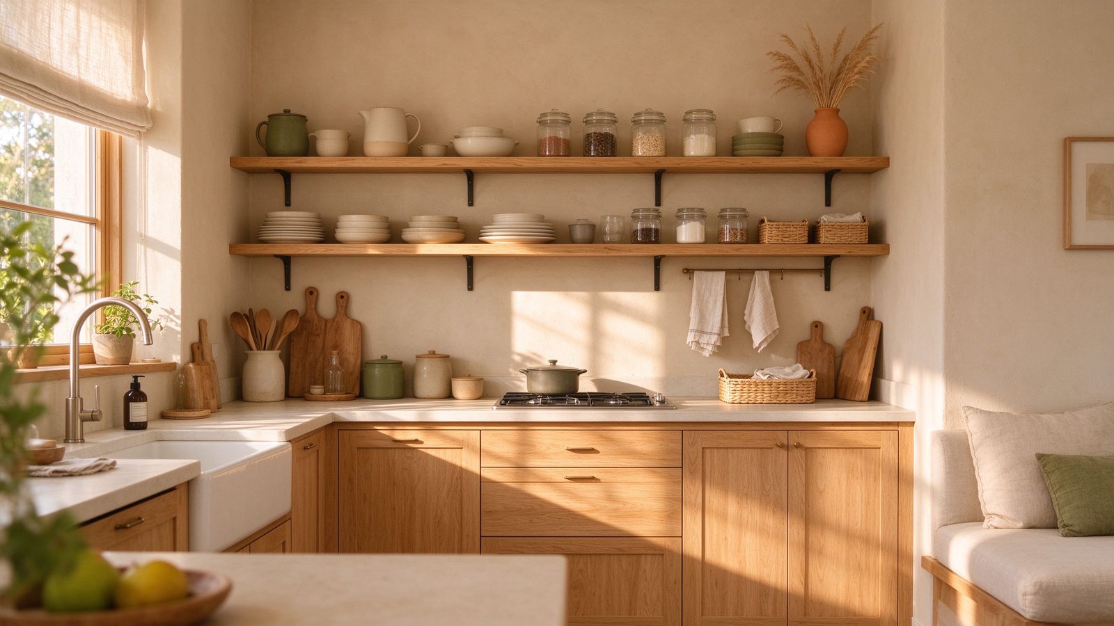 Warm kitchen nook with shelves of ceramics, glass jars, linen towels and baskets