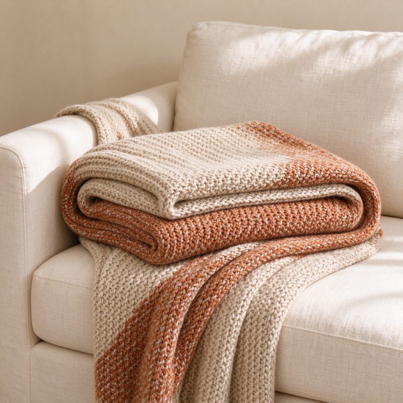 Folded chunky knit throw in heathered oatmeal and clay draped over a cream couch arm