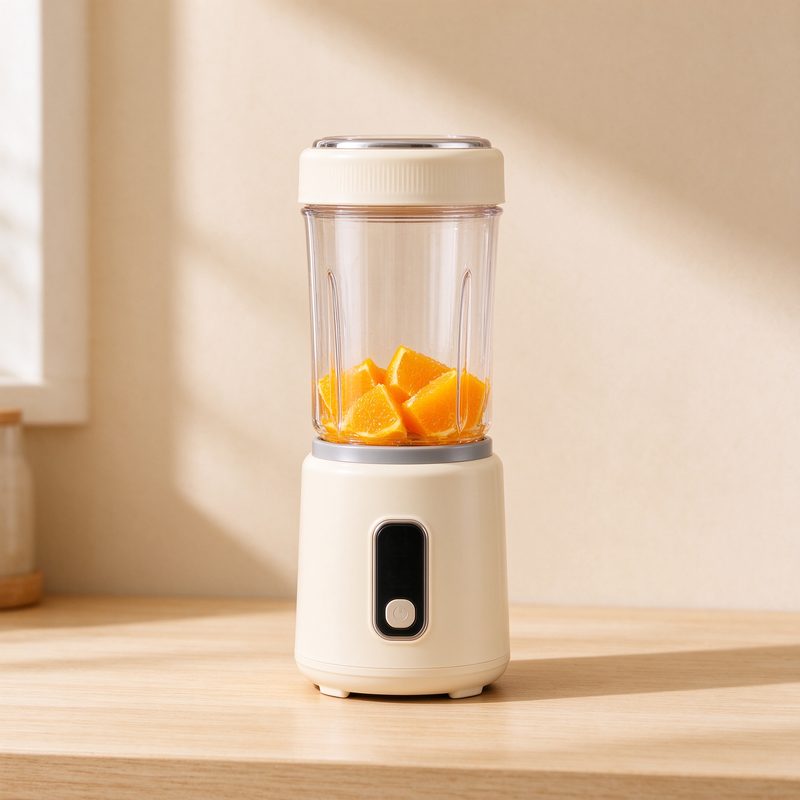 Cream personal blender with a transparent travel cup holding orange chunks on a counter