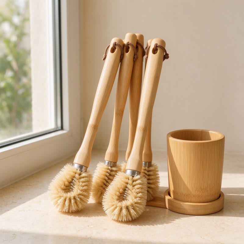 Set of bamboo dish brushes with natural bristles standing beside a bamboo holder cup