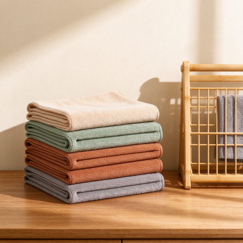 Stack of folded microfiber cloths in beige, sage, clay and gray beside a bamboo rack