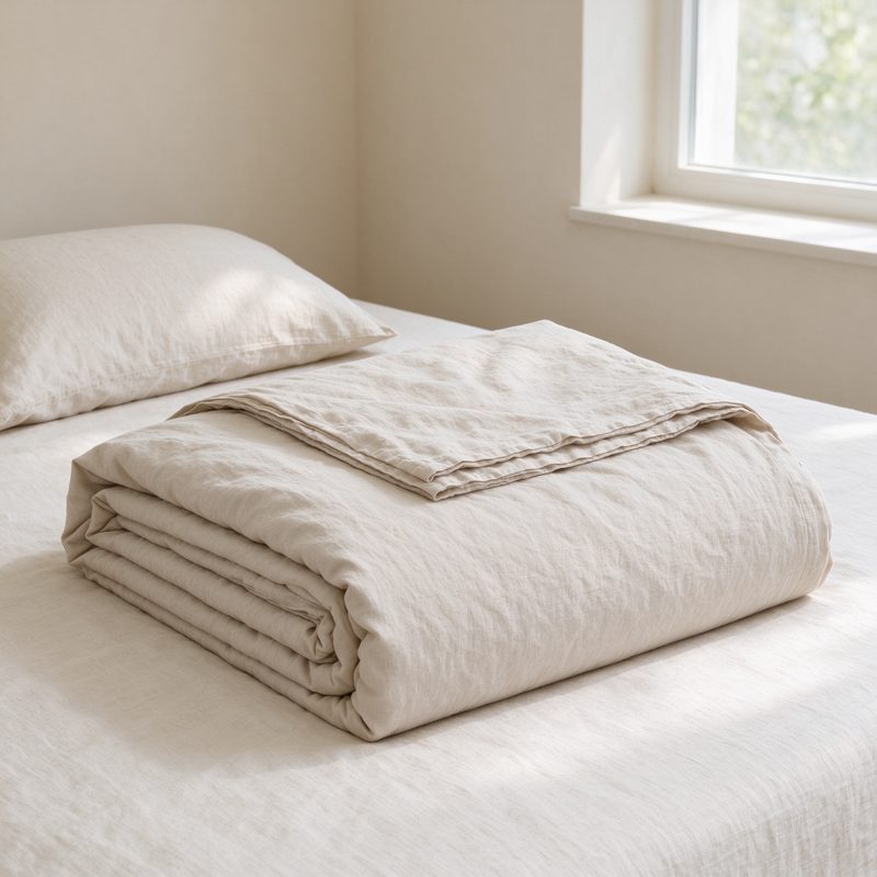 Folded oatmeal washed-cotton duvet cover set on a linen bed beside a matching pillowcase