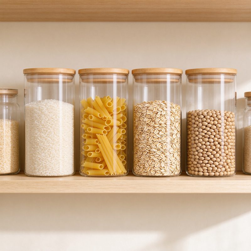 Clear glass storage jars with wooden lids filled with rice, pasta, oats and beans