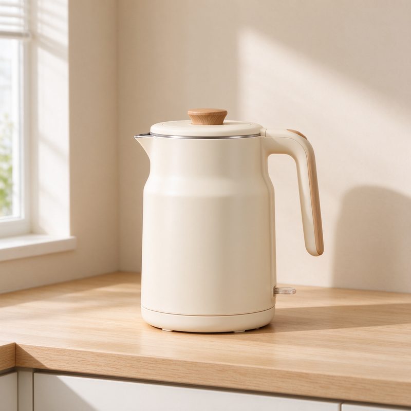 Matte cream compact electric kettle with wood-look lid knob and handle on a wooden counter