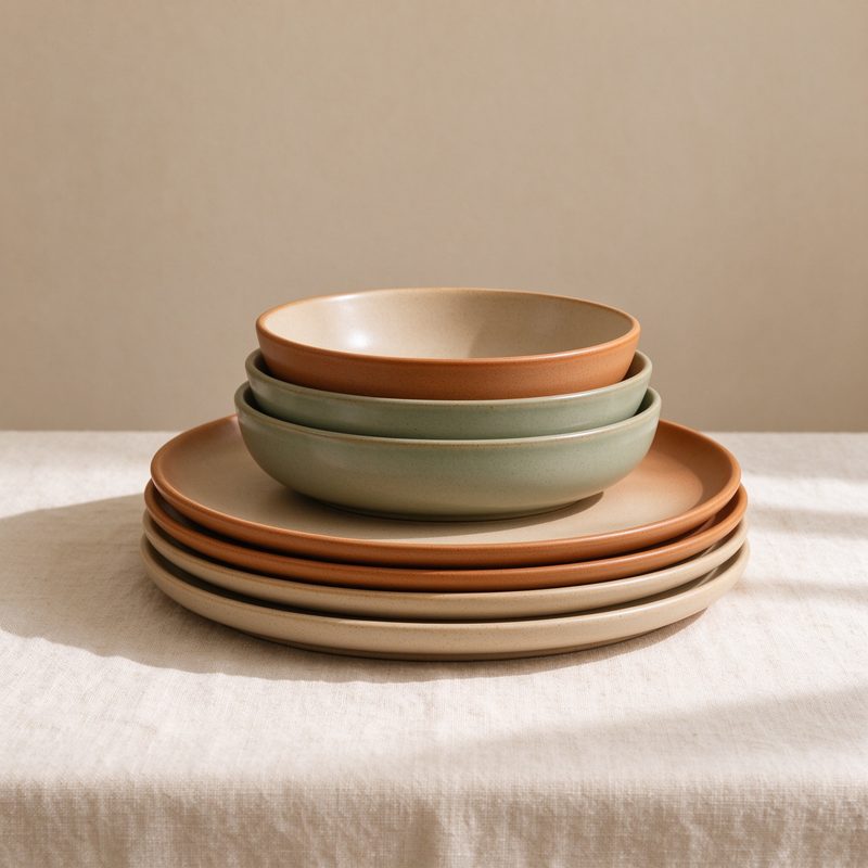 Stacked matte ceramic plates and bowls in oatmeal, terracotta and sage