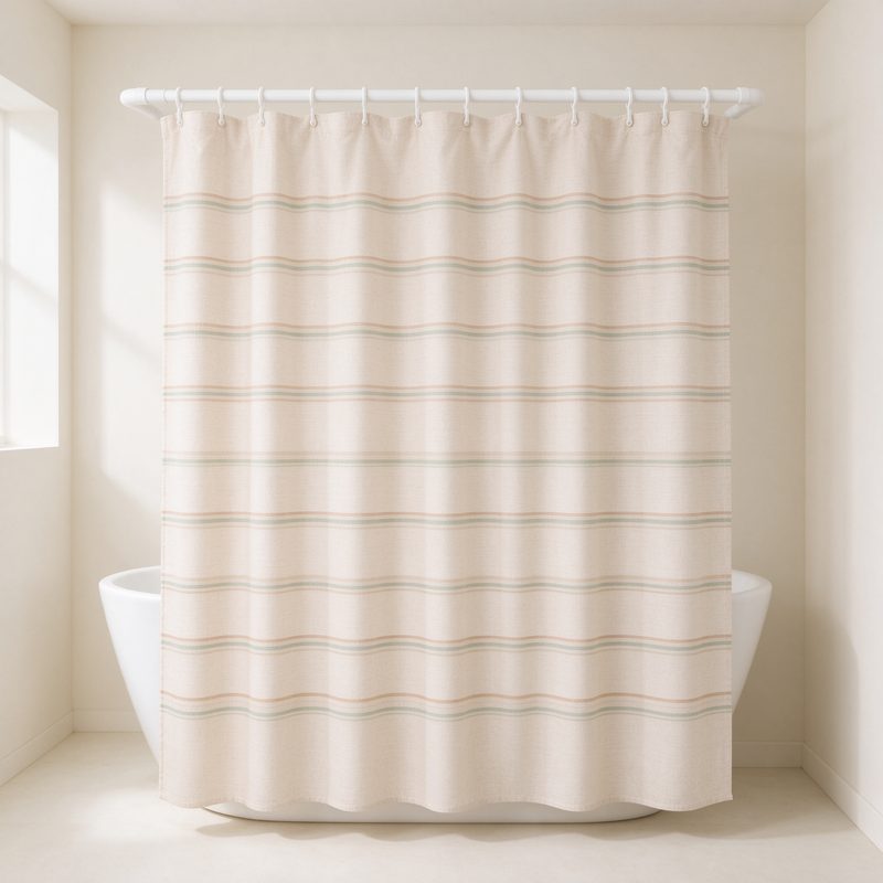 Beige striped woven shower curtain with clay and sage horizontal stripes hanging in a cream bathroom