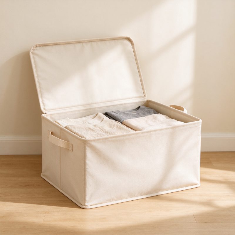 Open beige foldable fabric storage box containing folded linens