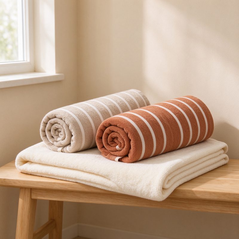 Two rolled striped cotton bath towels in oatmeal and clay tones on a folded cream towel